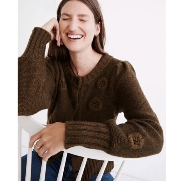Madewell Sweaters - Madewell Embroidered Edencroft Pleat-Sleeve Cardigan Sweater Heather Spinach